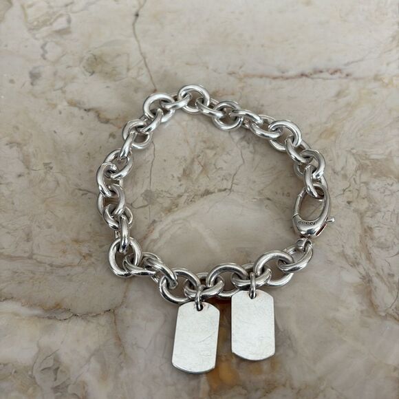 Gucci 925 Sterling Silver Double Dog Tag Solid Oval Rolo Link Bracelet Unisex - Picture 4 of 11
